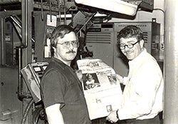 Jimmy Ruff, left, stands in The Selma-News Journal pressroom with publisher Shelton Prince in this photo form the late 1970s. 